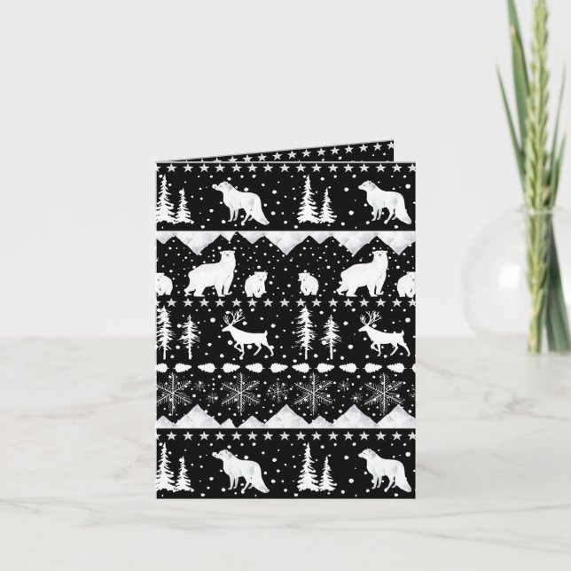 Nordic Sweater Black And White Winter Animals Holiday Card (Front)