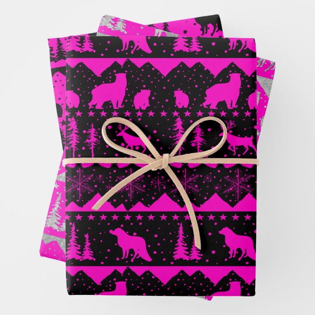Nordic Sweater Black Fuchsia White Winter Animals Wrapping Paper Sheets (In situ)
