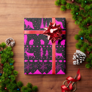 Nordic Sweater Black & Pink Fuchsia Winter Animals Wrapping Paper