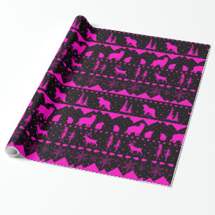 Nordic Sweater Black & Pink Fuchsia Winter Animals Wrapping Paper