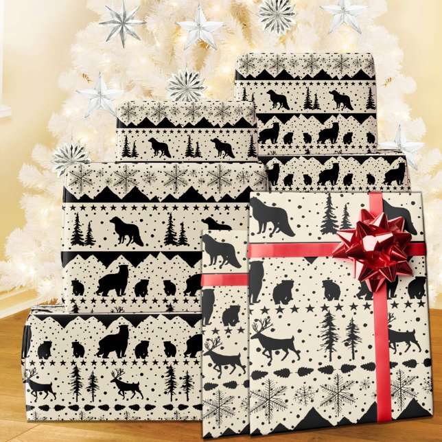 Nordic Sweater Black Winter Animals Beige Wrapping Paper (Nordic Sweater Creamy White & Black Winter Animals Christmas Holiday Wrapping Paper Rolls)