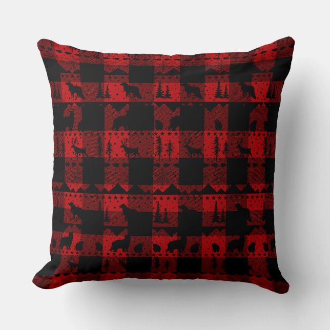 Nordic Sweater Black Winter Animals Buffalo Plaid Throw Pillow (Front)