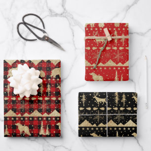 Nordic Sweater Buffalo Plaid Gold Winter Animals Wrapping Paper Sheets
