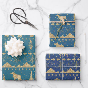 Nordic Sweater Gold Winter Animals Blue Tones Wrapping Paper Sheets