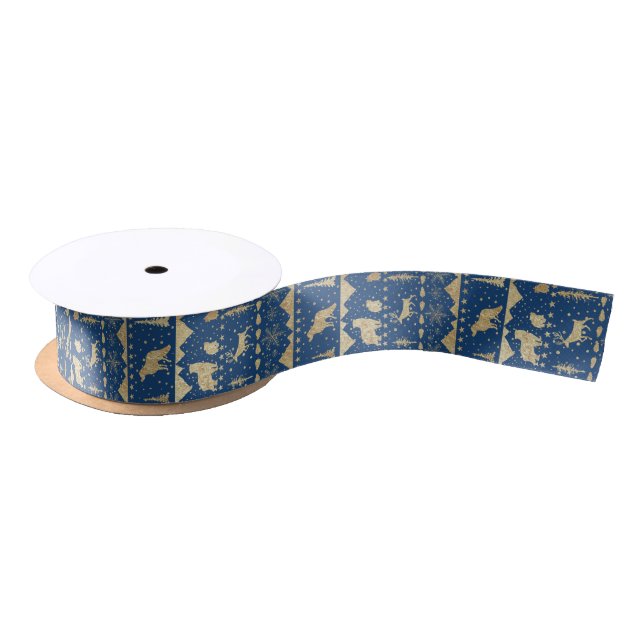 Nordic Sweater Gold Winter Animals Navy Blue Satin Ribbon (Spool)