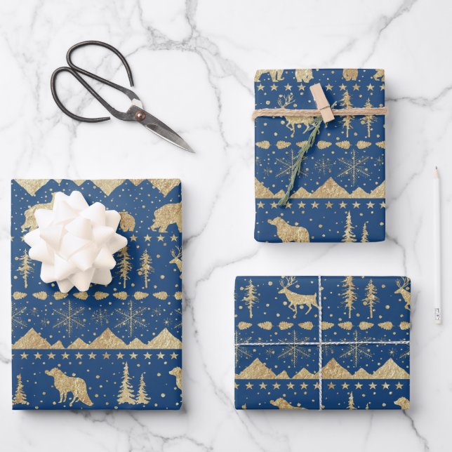 Nordic Sweater Gold Winter Animals Navy Blue Wrapping Paper Sheets (Front)