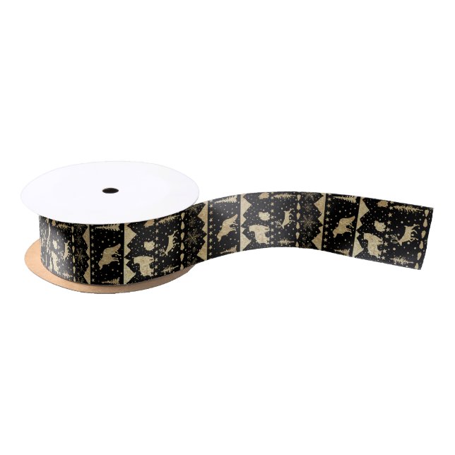 Nordic Sweater Gold Winter Animals On Black Satin Ribbon (Spool)