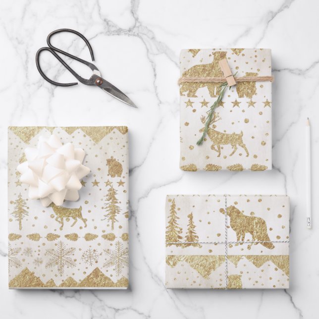 Nordic Sweater Gold Winter Animals Pearl White Wrapping Paper Sheets (Front)