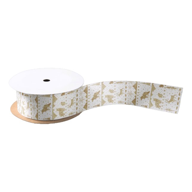 Nordic Sweater Gold Winter Animals Snow White Satin Ribbon (Spool)