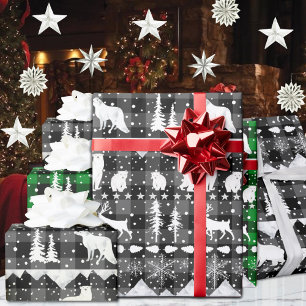 Nordic Sweater Gray Plaid White Winter Animals Wrapping Paper