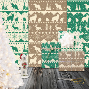 Nordic Sweater Green Beige Kraft Winter Animals Wrapping Paper Sheets