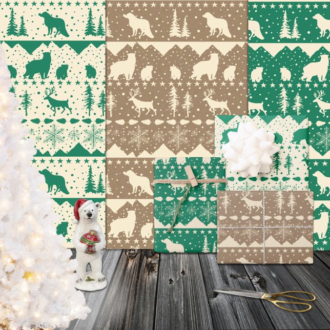 Nordic Sweater Green Beige Kraft Winter Animals Wrapping Paper Sheets (Nordic Sweater Green Beige Kraft Winter Animals Wrapping Paper Sheets)