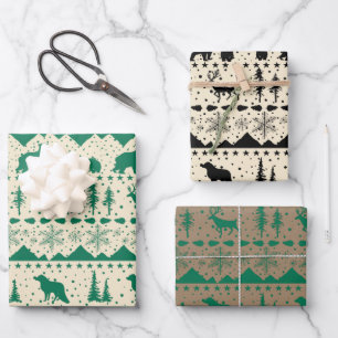 Nordic Sweater Green Black Beige Winter Animals Wrapping Paper Sheets
