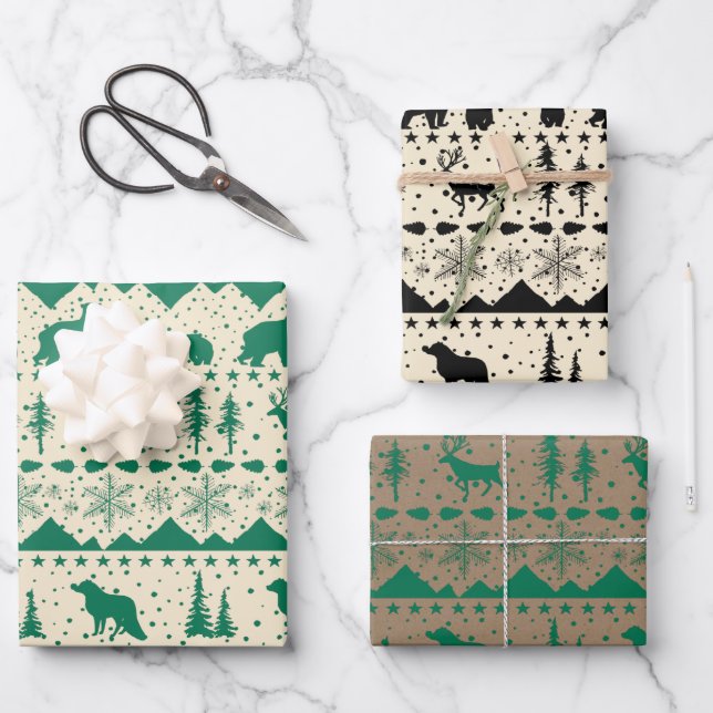 Nordic Sweater Green Black Beige Winter Animals Wrapping Paper Sheets (Front)