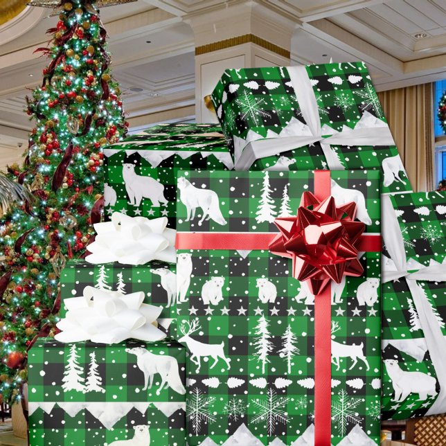 Nordic Sweater Green Buffalo Plaid Winter Animals Wrapping Paper (Nordic Sweater Green Black Buffalo Plaid White Winter Animals Christmas Holiday Wrapping Paper Rolls)