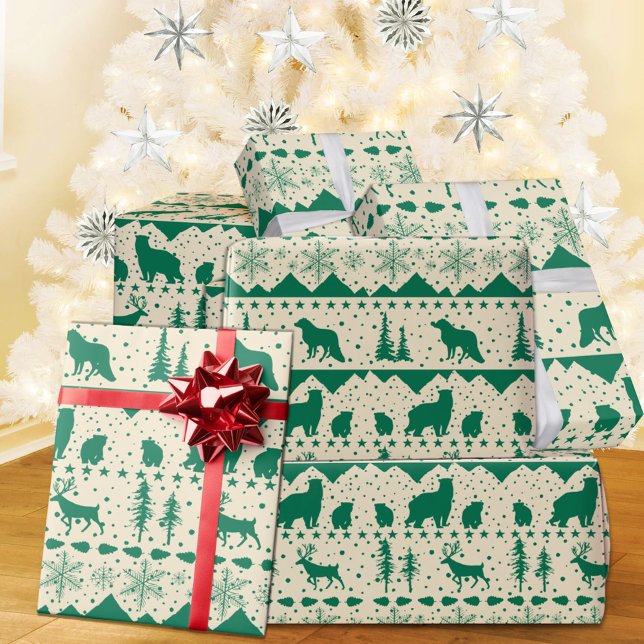 Nordic Sweater Green Winter Animals Creamy Beige Wrapping Paper (Nordic Sweater Creamy White & Green Winter Animals Christmas Holiday Wrapping Paper Rolls)