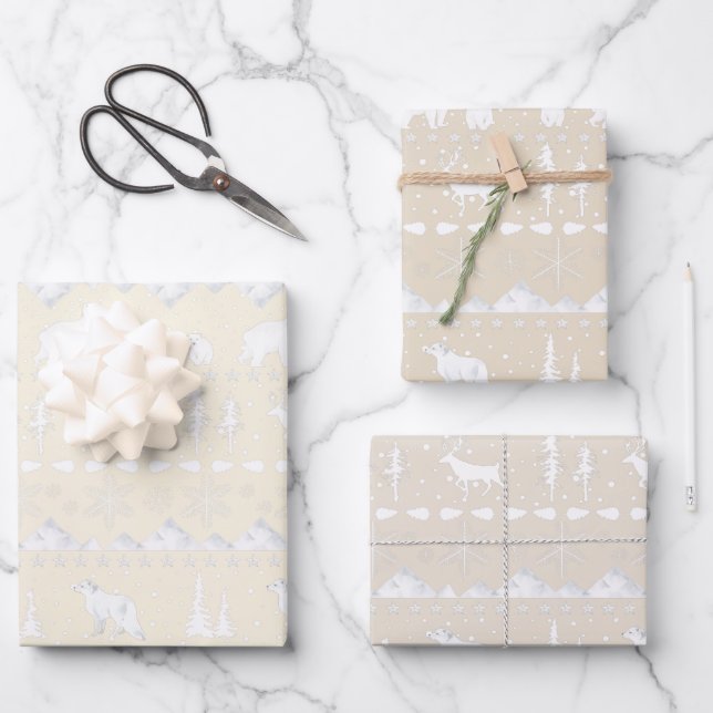 Nordic Sweater Neutral Beige White Winter Animals Wrapping Paper Sheets (Front)
