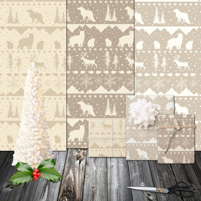 Nordic Sweater Neutral Kraft Beige Winter Animals Wrapping Paper Sheets (Winter Spruce Pine Branch Cones Red Ilex Berries Gift Wrapping Paper Christmas Holiday Sheets Trio)