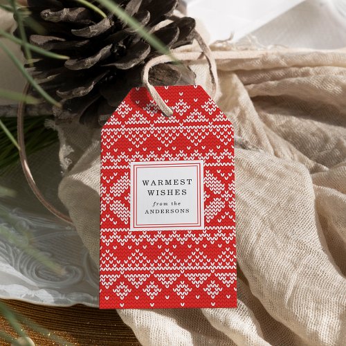Nordic Sweater Pattern Red and White Holiday Gift Tags