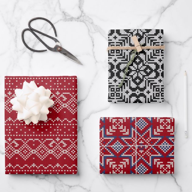 Red and black Nordic reindeer sweater wrapping paper sheets Christmas gift wrap GW3612
