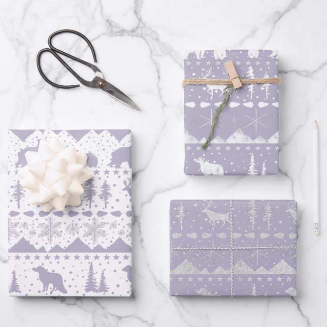 Nordic Sweater Purple White Silver Winter Animals  Wrapping Paper Sheets (Front)