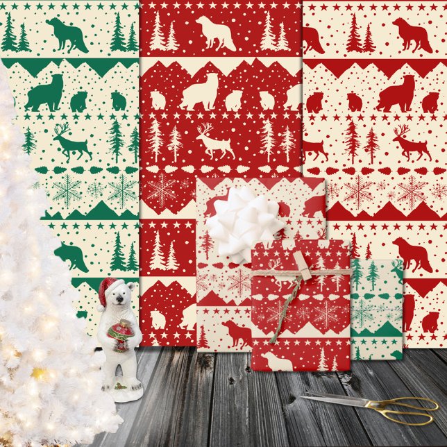 Nordic Sweater Red Green & Beige Winter Animals Wrapping Paper Sheets (Nordic Sweater Red Green & Beige Winter Animals Christmas Holiday Gift Wrapping Paper Sheets)