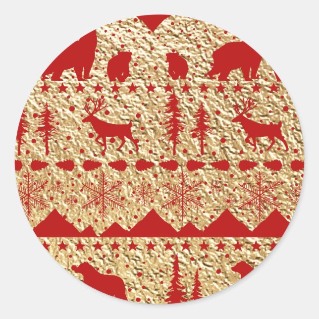 Nordic Sweater Red Winter Animals Gold Classic Round Sticker (Front)