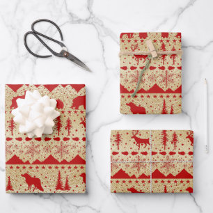 Nordic Sweater Red Winter Animals Gold Ripple Wrapping Paper Sheets