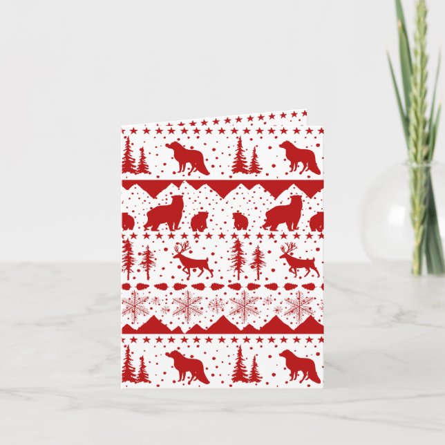 Nordic Sweater Red Winter Animals Holiday Card (Front)