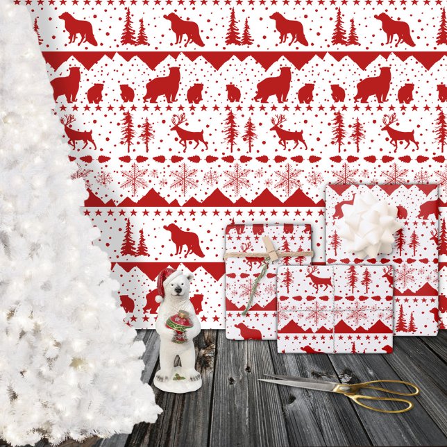 Nordic Sweater Red Winter Animals White Wrapping Paper Sheets (Nordic Sweater Red Winter Animals White Christmas Holiday Gift Wrapping Paper Sheets Trio)