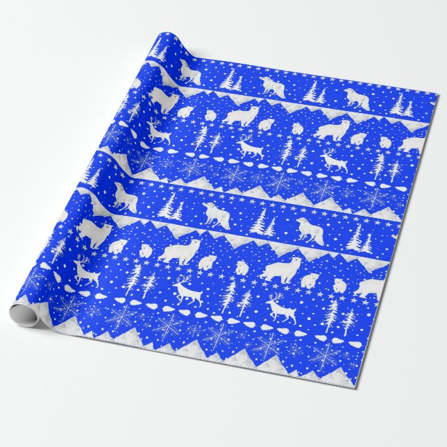 Nordic Sweater Royal Blue & White Winter Animals Wrapping Paper (Unrolled)