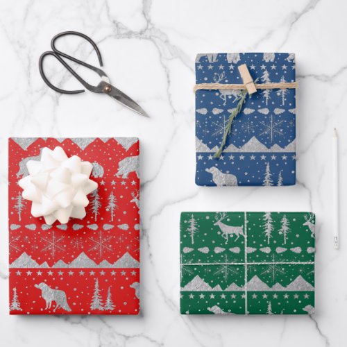 Nordic Sweater Silver Winter Animal Red Blue Green Wrapping Paper Sheets