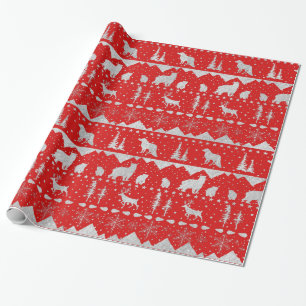 Nordic Sweater Silver Winter Animals Holiday Red Wrapping Paper