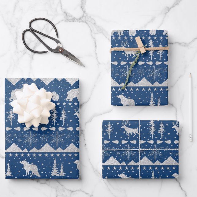 Nordic Sweater Silver Winter Animals Navy Blue Wrapping Paper Sheets (Front)
