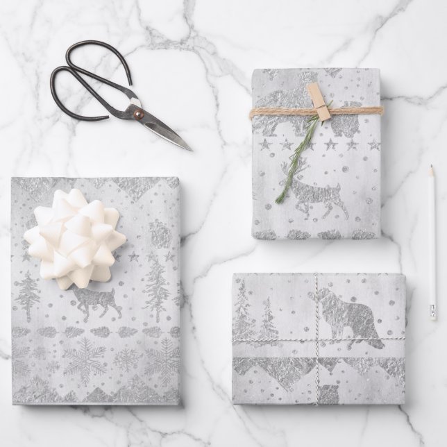 Nordic Sweater Silver Winter Animals On Silver Wrapping Paper Sheets (Front)