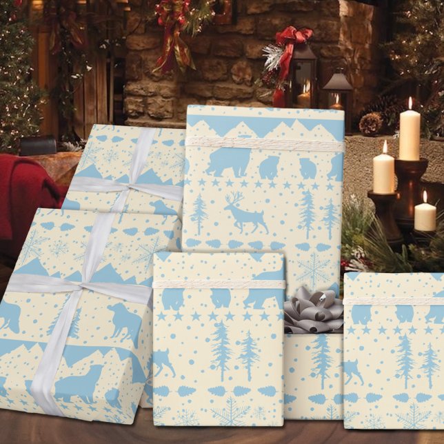 Nordic Sweater Sky Blue Winter Animals Beige Wrapping Paper (Nordic Sweater Beige & Blue Winter Animals Christmas Holiday Wrapping Paper Rolls)