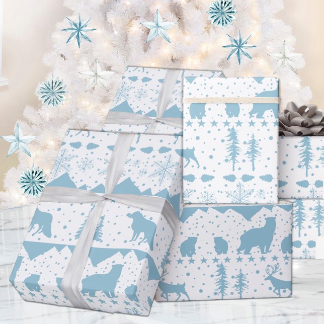 Nordic Sweater Sky Blue Winter Animals White Wrapping Paper (Nordic Sweater White & Blue Winter Animals Christmas Holiday Wrapping Paper Rolls)