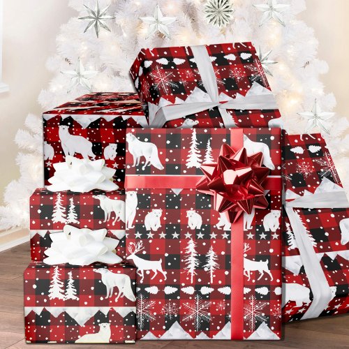 Nordic Sweater White Red Plaid Winter Animals Wrapping Paper