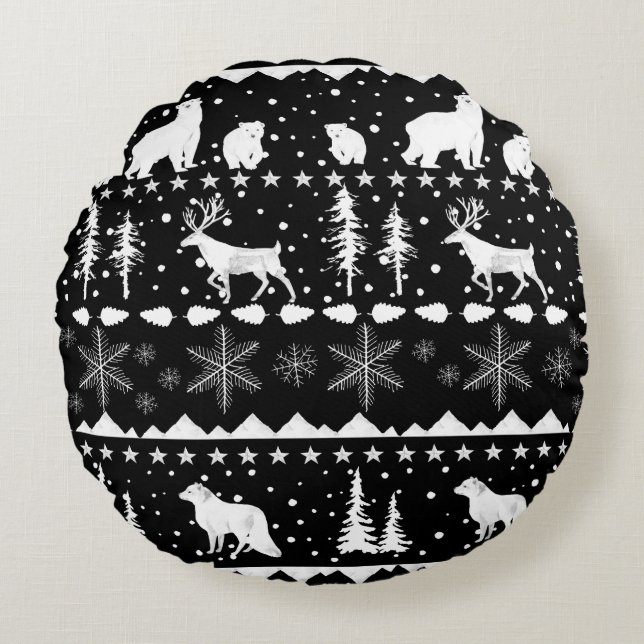 Nordic Sweater White Winter Animals Black Round Pillow (Front)