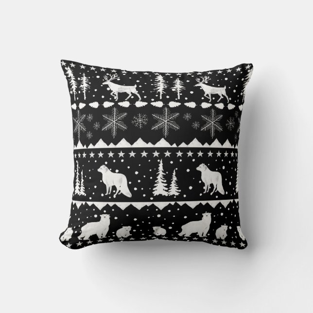 Nordic Sweater White Winter Animals Black Throw Pillow (Front)