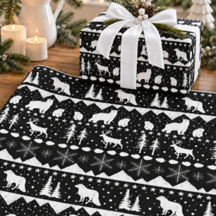 Nordic Sweater White Winter Animals Black Wrapping Paper