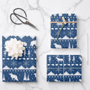 Nordic Sweater White Winter Animals Navy Blue Wrapping Paper Sheets