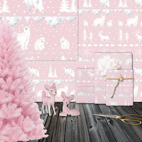 Nordic Sweater White Winter Animals Pretty Pink Wrapping Paper Sheets