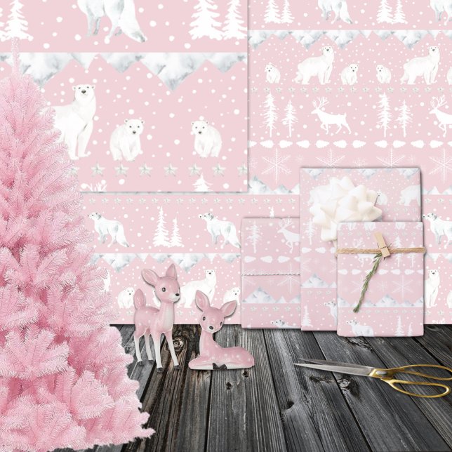 Nordic Sweater White Winter Animals Pretty Pink Wrapping Paper Sheets (Nordic Sweater White Winter Animals Pretty Pink Christmas Holiday Gift Wrapping Paper Sheets Trio)