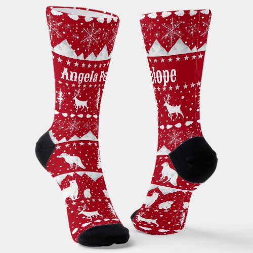 Nordic Sweater Winter Animals Add Your Name Red Socks