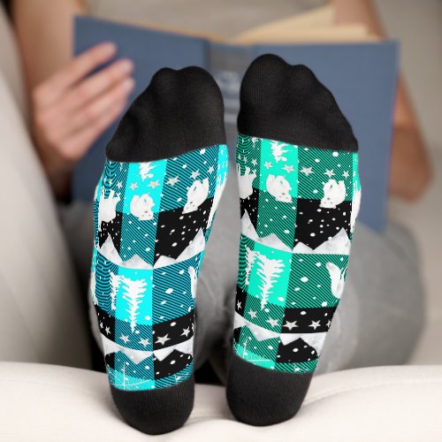 Nordic Sweater Winter Animals Aqua Blue Plaid Socks