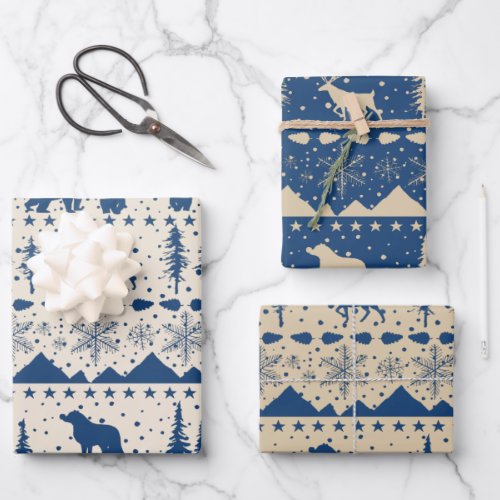 Nordic Sweater Winter Animals Beige  Navy Blue Wrapping Paper Sheets