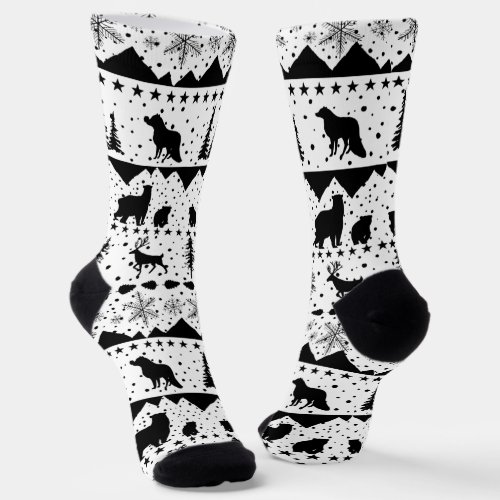 Nordic Sweater Winter Animals Black And White Sock