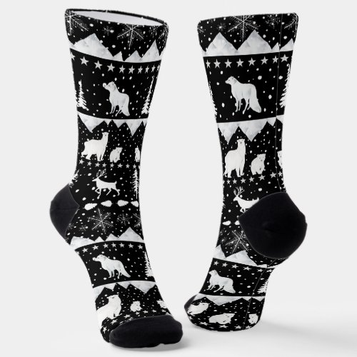 Nordic Sweater Winter Animals Black And White Socks