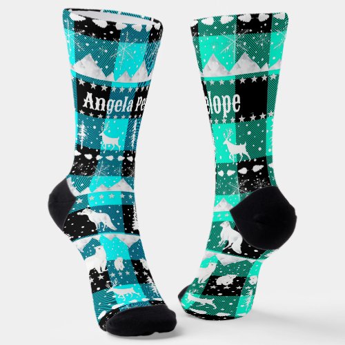 Nordic Sweater Winter Animals Blue Green Plaid Socks